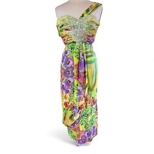 Cache Multicolor Chiffon One-Shoulder Floral Gown w/Embellished Bodice Size 2